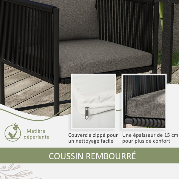 Salon de jardin ensemble 3 pièces extérieur avec 1 table et 2 fauteuils 4 coussins table en composite plateau aspect bois noir