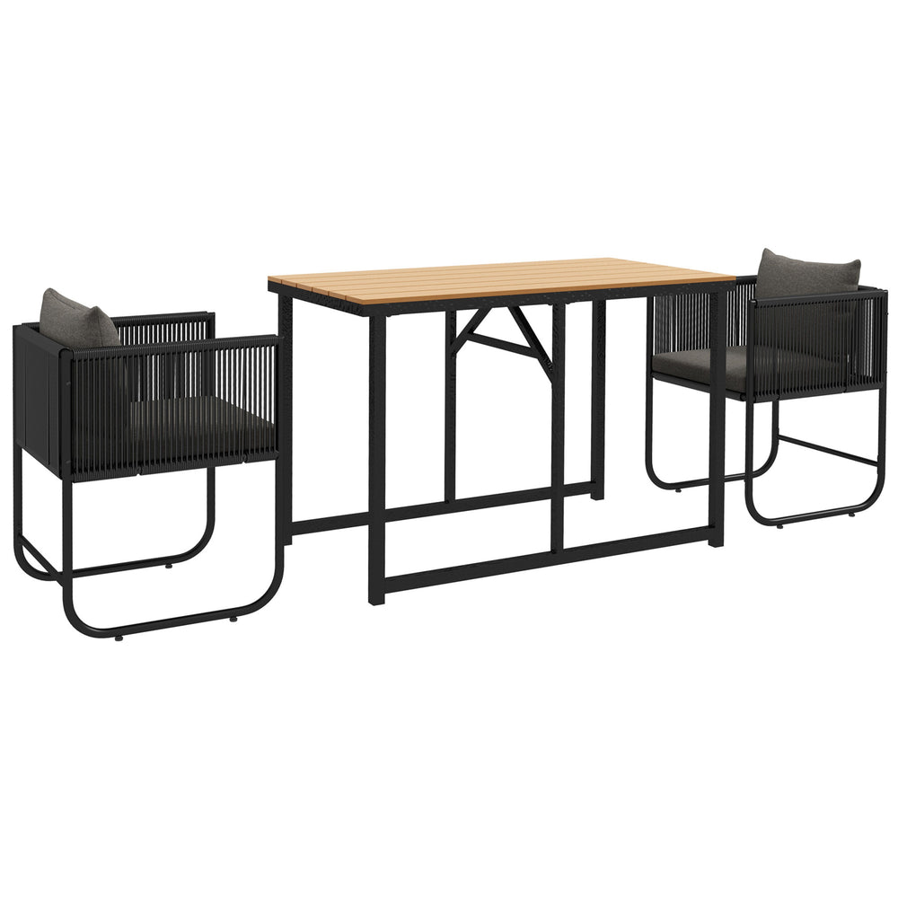 Salon de jardin ensemble 3 pièces extérieur avec 1 table et 2 fauteuils 4 coussins table en composite plateau aspect bois noir
