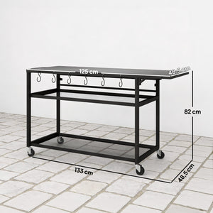 Desserte jardin chariot de barbecue sur roulettes îlot de cuisine avec Plateau Latéral Pliable, Trois Étagères, Crochets et Poinége, 133 x 48,5 x 82 cm, Noir