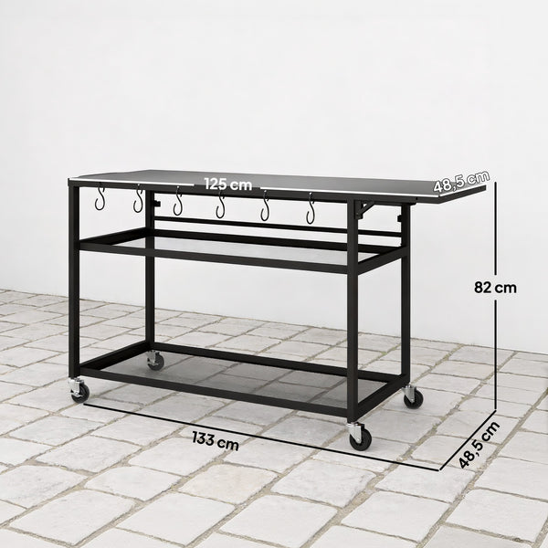 Desserte jardin chariot de barbecue sur roulettes îlot de cuisine avec Plateau Latéral Pliable, Trois Étagères, Crochets et Poinége, 133 x 48,5 x 82 cm, Noir