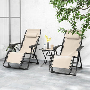 Lot de 2 chaise longue pliable et inclinable avec table d'appoint, fauteuil relax jardin de gravité zéro transat bain de soleil avec porte-gobelets et appuie-tête, charge 120 kg, beige