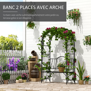 Arche à rosiers Banc de Jardin 2 Places 2 en 1 dim. 115L x 59l x 203H cm métal époxy Noir