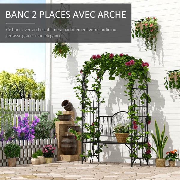 Arche à rosiers Banc de Jardin 2 Places 2 en 1 dim. 115L x 59l x 203H cm métal époxy Noir