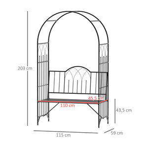 Arche à rosiers Banc de Jardin 2 Places 2 en 1 dim. 115L x 59l x 203H cm métal époxy Noir