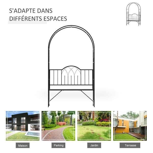 Arche à rosiers Banc de Jardin 2 Places 2 en 1 dim. 115L x 59l x 203H cm métal époxy Noir
