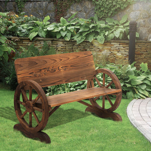 Banc de Jardin 3 Places Style Rustique Chic accoudoirs Roues de Charette Bois Sapin traité carbonisation