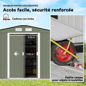 Abri de jardin en métal 5,4 m² cabane de jardin 277 x 195 x 192 cm cabanon rangement outils avec fondation, porte coulissante verrouillables et 4 aérations - vert clair