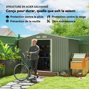 Abri de jardin en métal 5,4 m² cabane de jardin 277 x 195 x 192 cm cabanon rangement outils avec fondation, porte coulissante verrouillables et 4 aérations - vert clair
