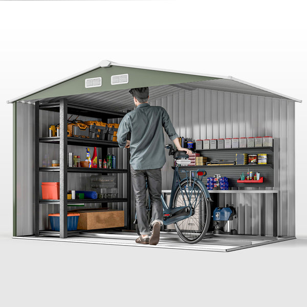 Abri de jardin en métal 5,4 m² cabane de jardin 277 x 195 x 192 cm cabanon rangement outils avec fondation, porte coulissante verrouillables et 4 aérations - vert clair