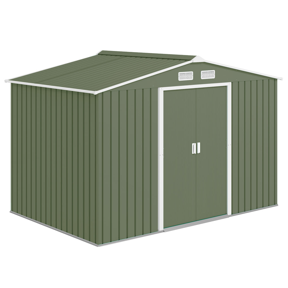 Abri de jardin en métal 5,4 m² cabane de jardin 277 x 195 x 192 cm cabanon rangement outils avec fondation, porte coulissante verrouillables et 4 aérations - vert clair