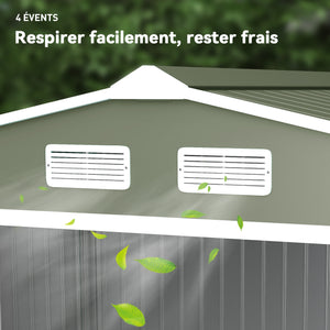 Abri de jardin en métal 5,4 m² cabane de jardin 277 x 195 x 192 cm cabanon rangement outils avec fondation, porte coulissante verrouillables et 4 aérations - vert clair