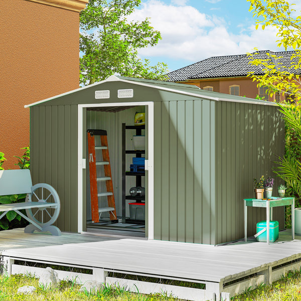 Abri de jardin en métal 5,4 m² cabane de jardin 277 x 195 x 192 cm cabanon rangement outils avec fondation, porte coulissante verrouillables et 4 aérations - vert clair
