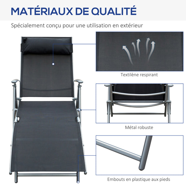 transat Chaise Longue Bain de Soleil Pliable Dossier inclinable Multi-Positions têtière fournie 137L x 64l x 101H cm métal époxy textilène Noir