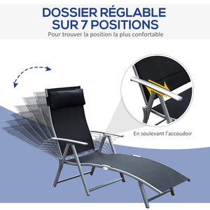transat Chaise Longue Bain de Soleil Pliable Dossier inclinable Multi-Positions têtière fournie 137L x 64l x 101H cm métal époxy textilène Noir