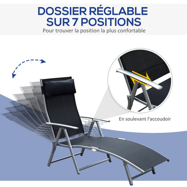 transat Chaise Longue Bain de Soleil Pliable Dossier inclinable Multi-Positions têtière fournie 137L x 64l x 101H cm métal époxy textilène Noir