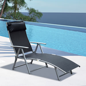 transat Chaise Longue Bain de Soleil Pliable Dossier inclinable Multi-Positions têtière fournie 137L x 64l x 101H cm métal époxy textilène Noir