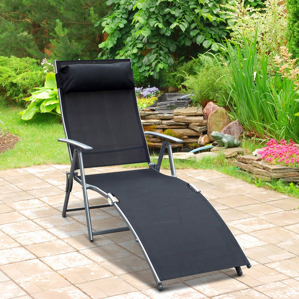 transat Chaise Longue Bain de Soleil Pliable Dossier inclinable Multi-Positions têtière fournie 137L x 64l x 101H cm métal époxy textilène Noir