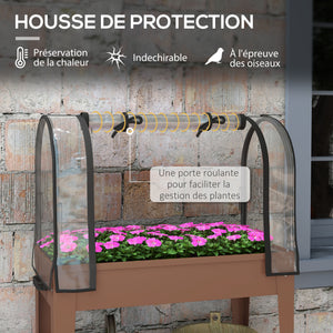 Jardinière surélevée potager avec bâche transparente, mini serre de jardin, 2 roulettes et 1 étagère inférieure pour légumes, fleurs, potager, dim. 80L x 40l x 120H cm, marron