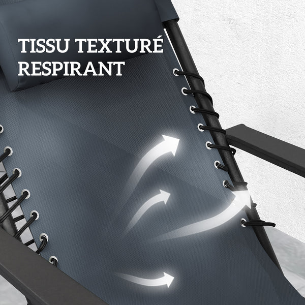 Lot de 2 chaise longue pliable et inclinable avec table d'appoint, fauteuil relax jardin de gravité zéro transat bain de soleil avec porte-gobelets et appuie-tête, charge 120 kg, gris