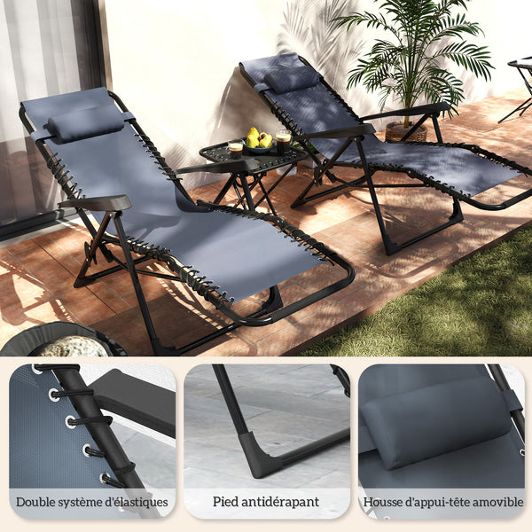 Lot de 2 chaise longue pliable et inclinable avec table d'appoint, fauteuil relax jardin de gravité zéro transat bain de soleil avec porte-gobelets et appuie-tête, charge 120 kg, gris