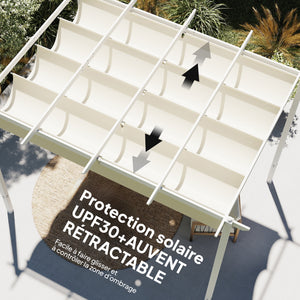 Pergola de Jardin 4 x 3 m avec Toit Rétractable, Gazebo Autoportant avec Trous de Drainage, Protection Solaire UPF30+, Beige
