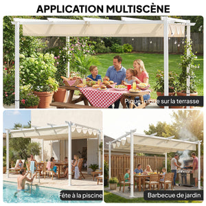 Pergola de Jardin 4 x 3 m avec Toit Rétractable, Gazebo Autoportant avec Trous de Drainage, Protection Solaire UPF30+, Beige