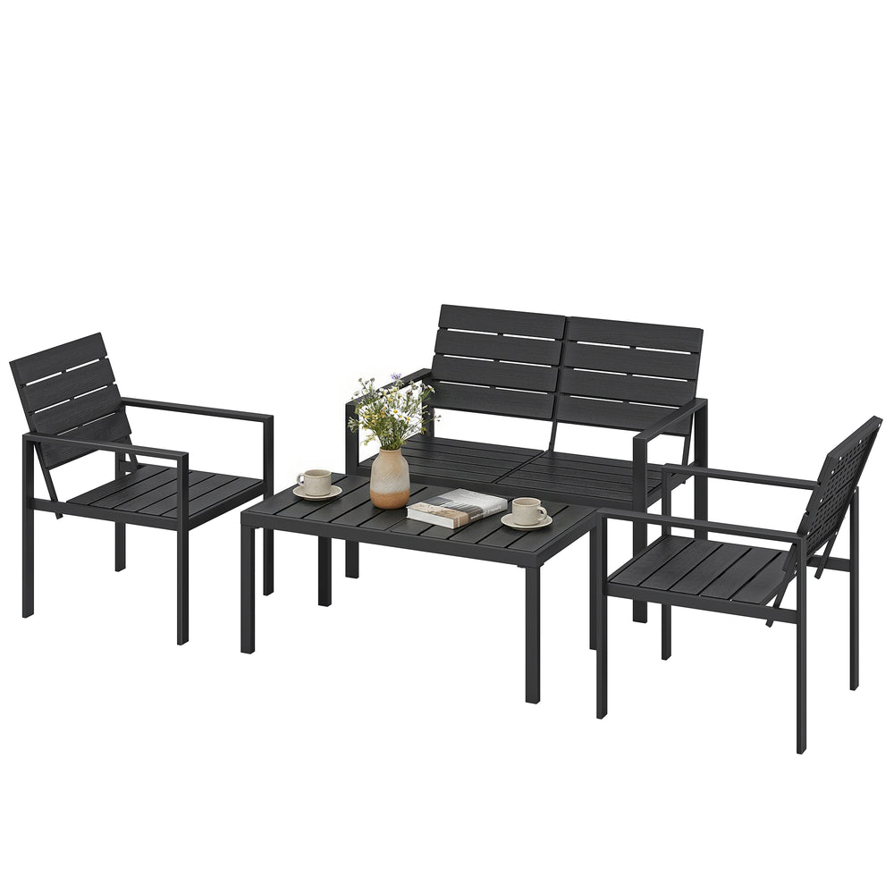 Salon de jardin extérieur 4 pièces avec canapé 2 places, 2 chaises et table basse, mobilier de jardin terrasse veranda, noir