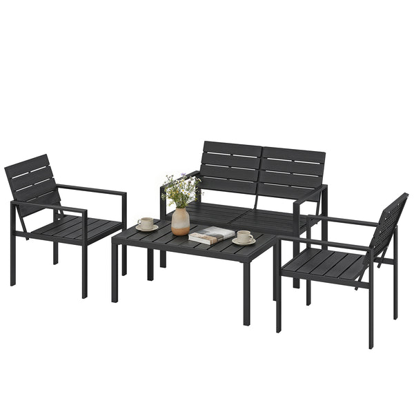 Salon de jardin extérieur 4 pièces avec canapé 2 places, 2 chaises et table basse, mobilier de jardin terrasse veranda, noir