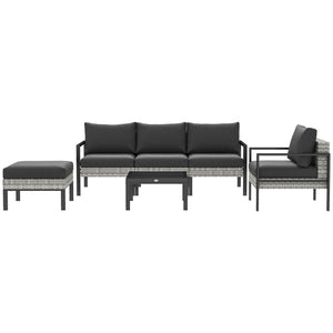 Salon de jardin extérieur 5 personnes, salon de balcon en résine tressée avec fauteuils, pouf et table basse, coussins déhoussables inclus, charge 120 kg, gris clair