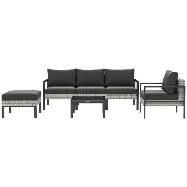 Salon de jardin extérieur 5 personnes, salon de balcon en résine tressée avec fauteuils, pouf et table basse, coussins déhoussables inclus, charge 120 kg, gris clair