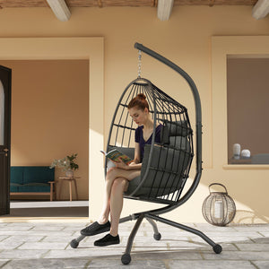 Fauteuil suspendu, fauteuil oeuf suspendu panier pliable, chaise hamac balançoire, avec coussin rembourré, oreiller, porte-gobelet, pour intérieur et extérieur, gris foncé