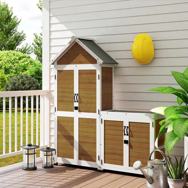 Abri de jardin + armoire de rangement en bois, cabane de jardin extérieur intérieur avec toit incliné en asphalte, étagères et portes verrouillables, armoire à outils pour balcon, naturel