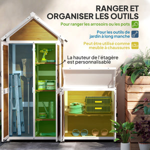 Abri de jardin + armoire de rangement en bois, cabane de jardin extérieur intérieur avec toit incliné en asphalte, étagères et portes verrouillables, armoire à outils pour balcon, naturel