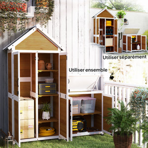 Abri de jardin + armoire de rangement en bois, cabane de jardin extérieur intérieur avec toit incliné en asphalte, étagères et portes verrouillables, armoire à outils pour balcon, naturel