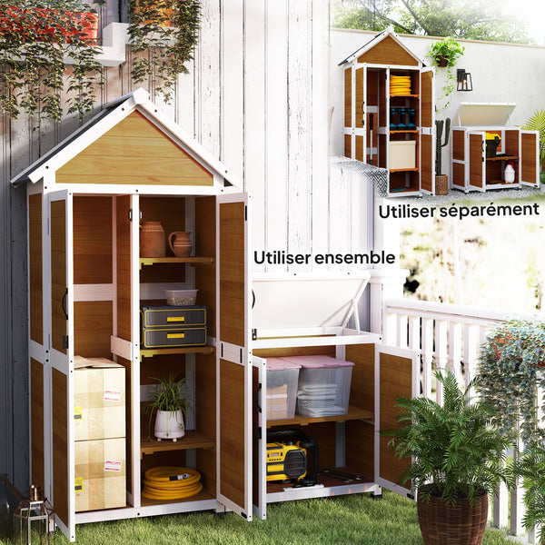 Abri de jardin + armoire de rangement en bois, cabane de jardin extérieur intérieur avec toit incliné en asphalte, étagères et portes verrouillables, armoire à outils pour balcon, naturel