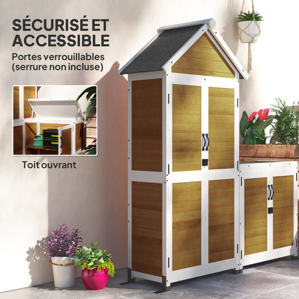 Abri de jardin + armoire de rangement en bois, cabane de jardin extérieur intérieur avec toit incliné en asphalte, étagères et portes verrouillables, armoire à outils pour balcon, naturel