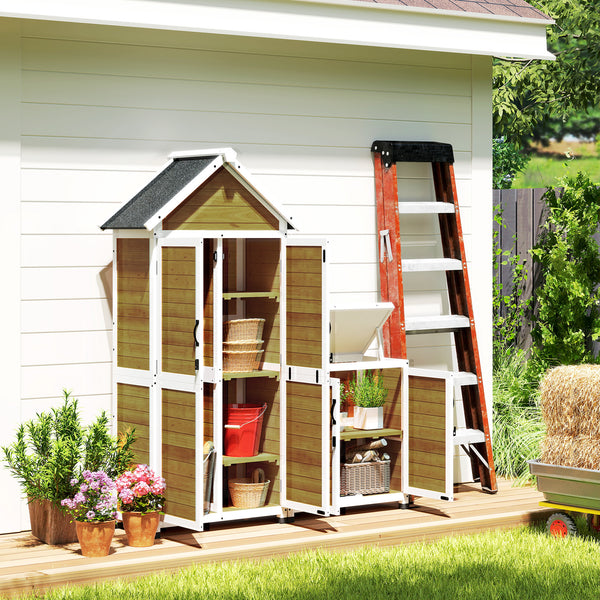 Abri de jardin + armoire de rangement en bois, cabane de jardin extérieur intérieur avec toit incliné en asphalte, étagères et portes verrouillables, armoire à outils pour balcon, naturel