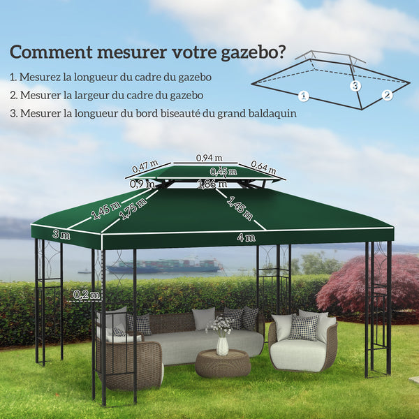 Toile de rechange pour pavillon tonnelle tente 3 x 4 m polyester haute densité 180 g/m² vert