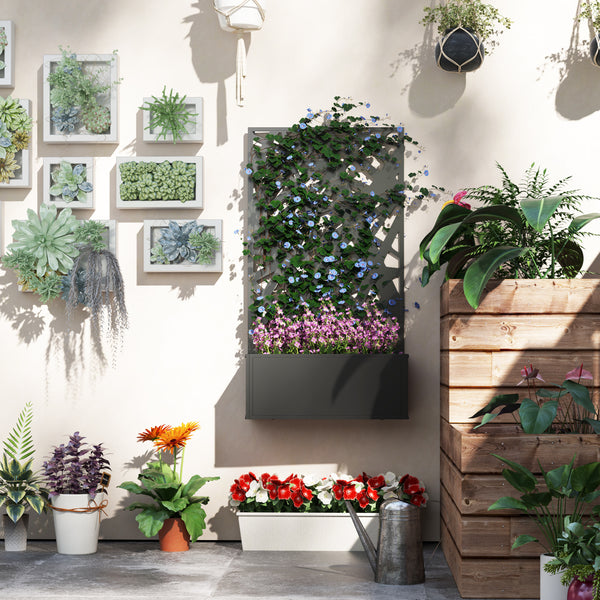 Jardinière avec treillis, brise-vue paravent, jardinière extérieure métal sur pieds ou murale, motifs de lignes, bac à fleurs rectangulaire balcon terrasse patio, 61x23x113 cm, noir