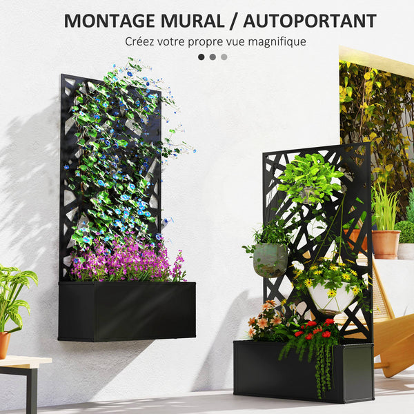 Jardinière avec treillis, brise-vue paravent, jardinière extérieure métal sur pieds ou murale, motifs de lignes, bac à fleurs rectangulaire balcon terrasse patio, 61x23x113 cm, noir