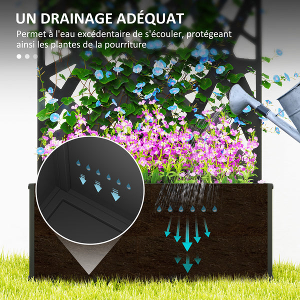 Jardinière avec treillis, brise-vue paravent, jardinière extérieure métal sur pieds ou murale, motifs de lignes, bac à fleurs rectangulaire balcon terrasse patio, 61x23x113 cm, noir