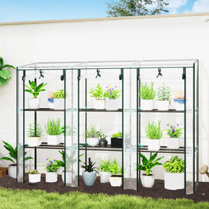 Serre de jardin PE avec étagères 3 niveaux, serre de balcon, bâche renforcée 140 g/m², châssis en acier, 2 portes zippées enroulables, pour légumes plantes fleurs, 215 x 46 x 151 cm, blanc