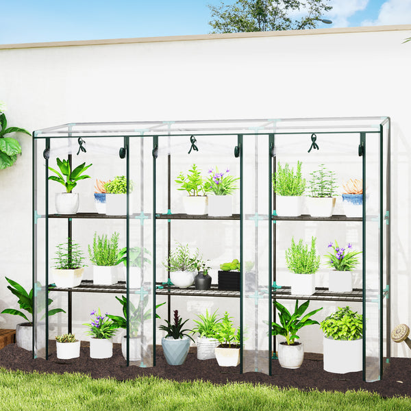 Serre de jardin PE avec étagères 3 niveaux, serre de balcon, bâche renforcée 140 g/m², châssis en acier, 2 portes zippées enroulables, pour légumes plantes fleurs, 215 x 46 x 151 cm, blanc