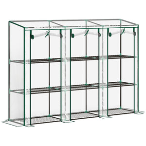 Serre de jardin PE avec étagères 3 niveaux, serre de balcon, bâche renforcée 140 g/m², châssis en acier, 2 portes zippées enroulables, pour légumes plantes fleurs, 215 x 46 x 151 cm, blanc