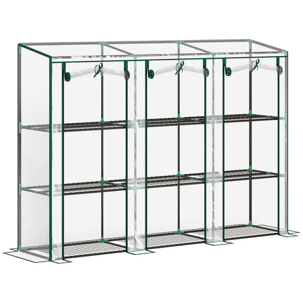 Serre de jardin PE avec étagères 3 niveaux, serre de balcon, bâche renforcée 140 g/m², châssis en acier, 2 portes zippées enroulables, pour légumes plantes fleurs, 215 x 46 x 151 cm, blanc