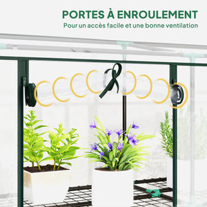 Serre de jardin PE avec étagères 3 niveaux, serre de balcon, bâche renforcée 140 g/m², châssis en acier, 2 portes zippées enroulables, pour légumes plantes fleurs, 215 x 46 x 151 cm, blanc