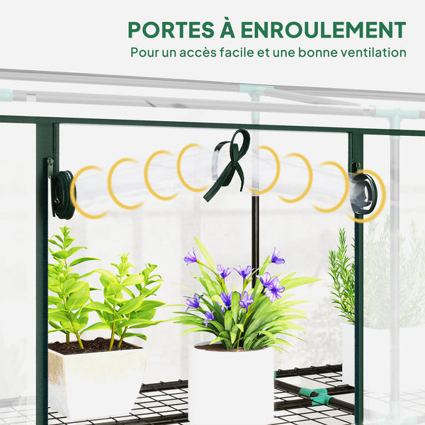 Serre de jardin PE avec étagères 3 niveaux, serre de balcon, bâche renforcée 140 g/m², châssis en acier, 2 portes zippées enroulables, pour légumes plantes fleurs, 215 x 46 x 151 cm, blanc