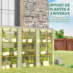 Serre de jardin PE avec étagères 3 niveaux, serre de balcon, bâche renforcée 140 g/m², châssis en acier, 2 portes zippées enroulables, pour légumes plantes fleurs, 215 x 46 x 151 cm, blanc