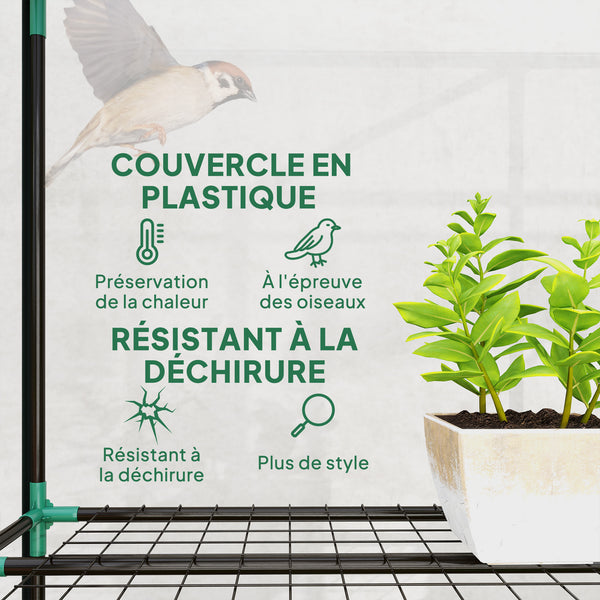 Serre de jardin PE avec étagères 3 niveaux, serre de balcon, bâche renforcée 140 g/m², châssis en acier, 2 portes zippées enroulables, pour légumes plantes fleurs, 215 x 46 x 151 cm, blanc