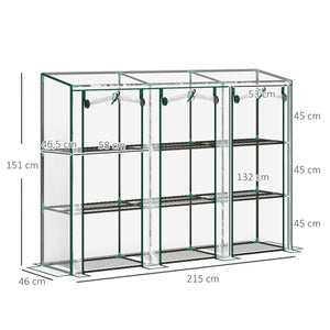 Serre de jardin PE avec étagères 3 niveaux, serre de balcon, bâche renforcée 140 g/m², châssis en acier, 2 portes zippées enroulables, pour légumes plantes fleurs, 215 x 46 x 151 cm, blanc